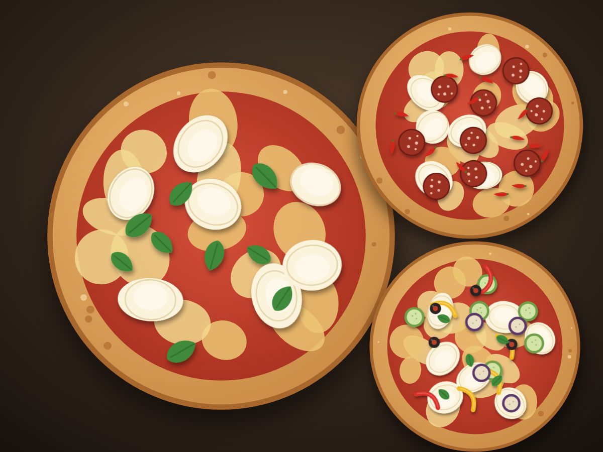 Three pizzas from the menu, seen from above: margherita, diavola and vegetariana